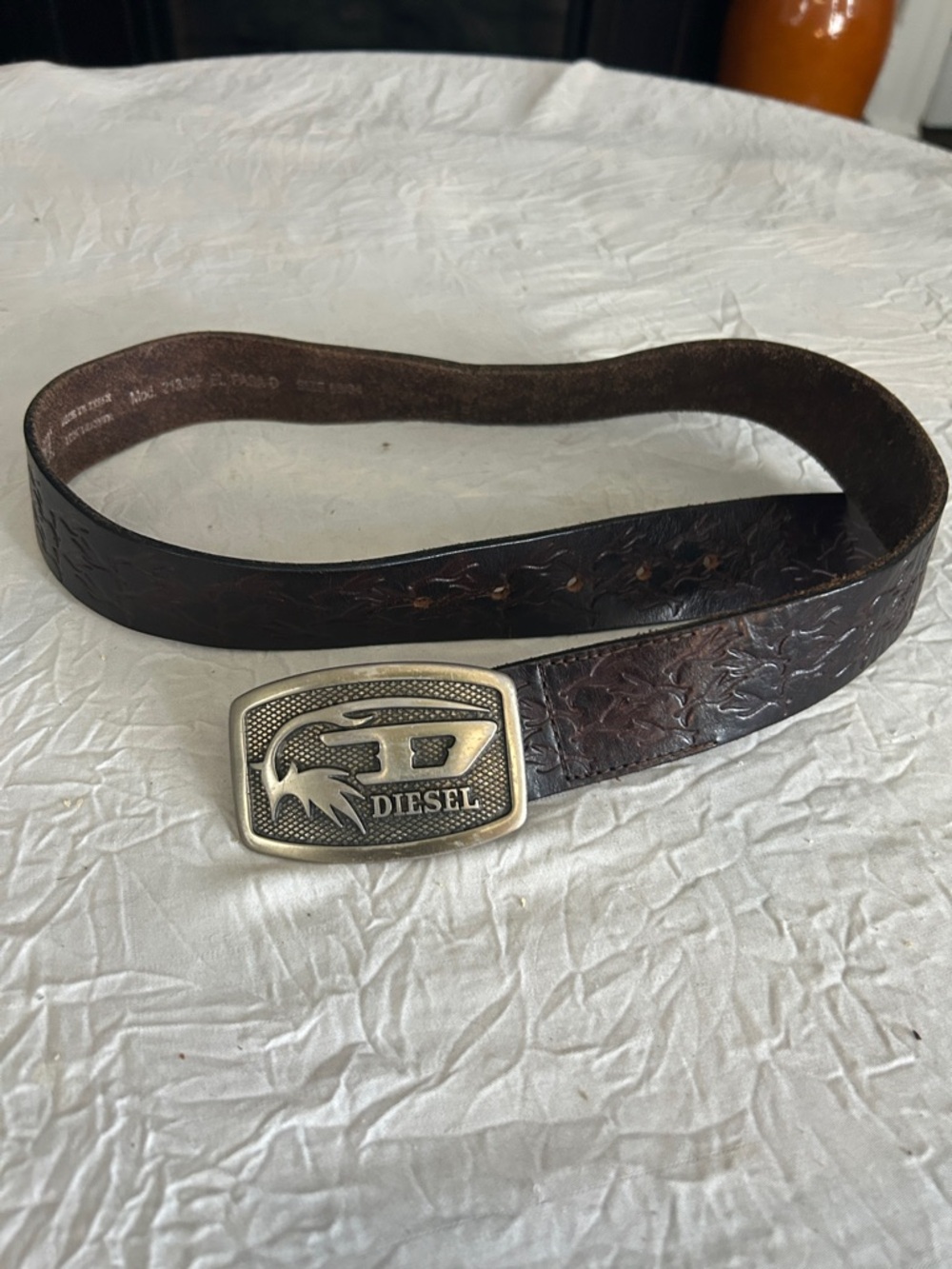 Diesel Dark Brown Tooled Leather Belt with Silver-Tone Logo Buckle